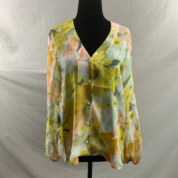 Gold Shimmer Floral Chiffon Blouse - Picture 6 of 9